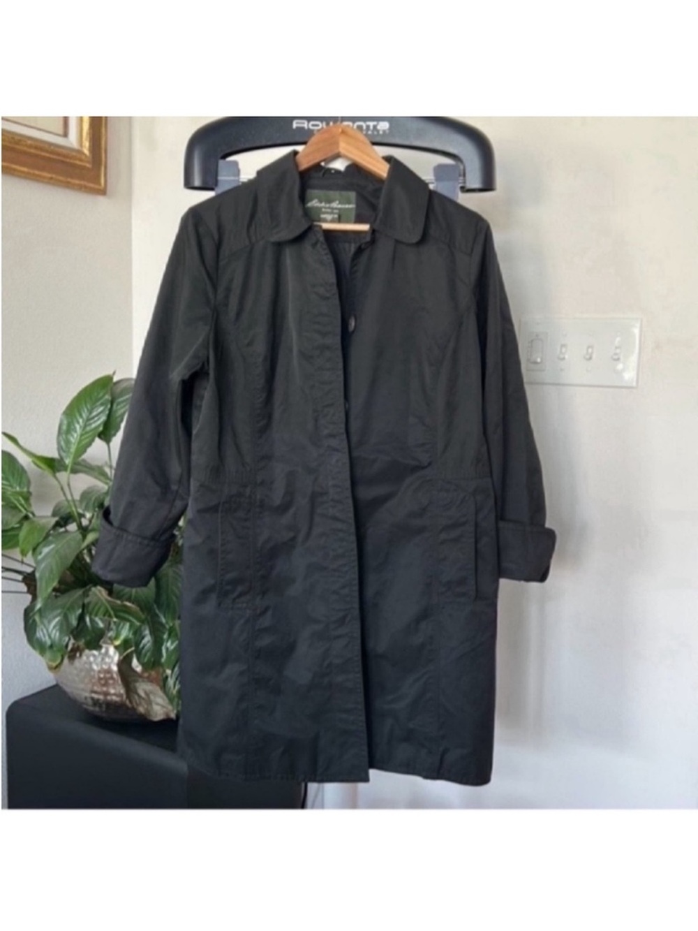 Eddie Bauer Women’s Black Trench Coat/jacket Sz L Button Front Collared